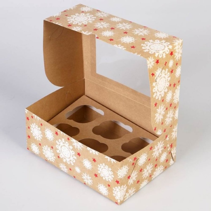 Коробка 6 капкейков с окном "Снежинки"