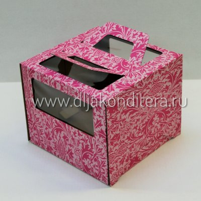 Коробка 24*24*20 см розовый орнамент с окном и ручками