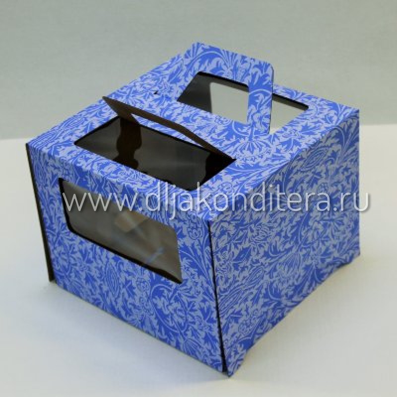 Коробка 24*24*20 см синий орнамент с окном и ручками