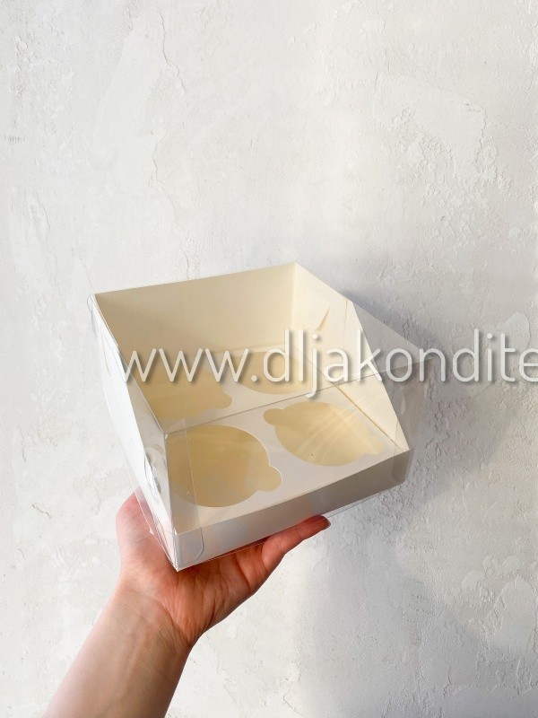 Коробка 4 капкейка Белый/ Крафт с пластик.крышкой