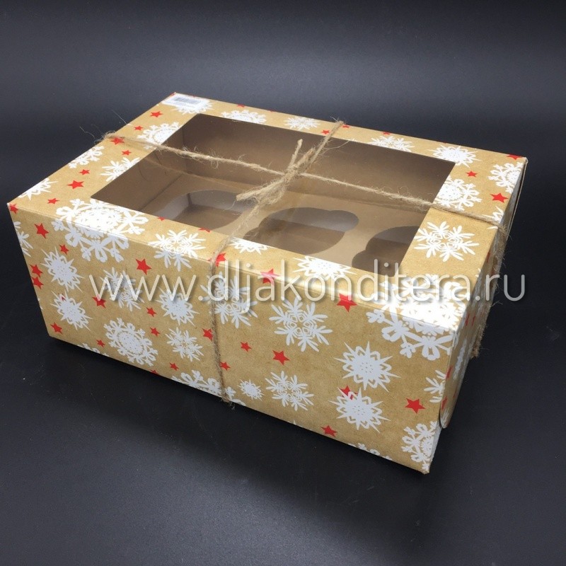 Коробка 6 капкейков с окном "Новогодний микс"